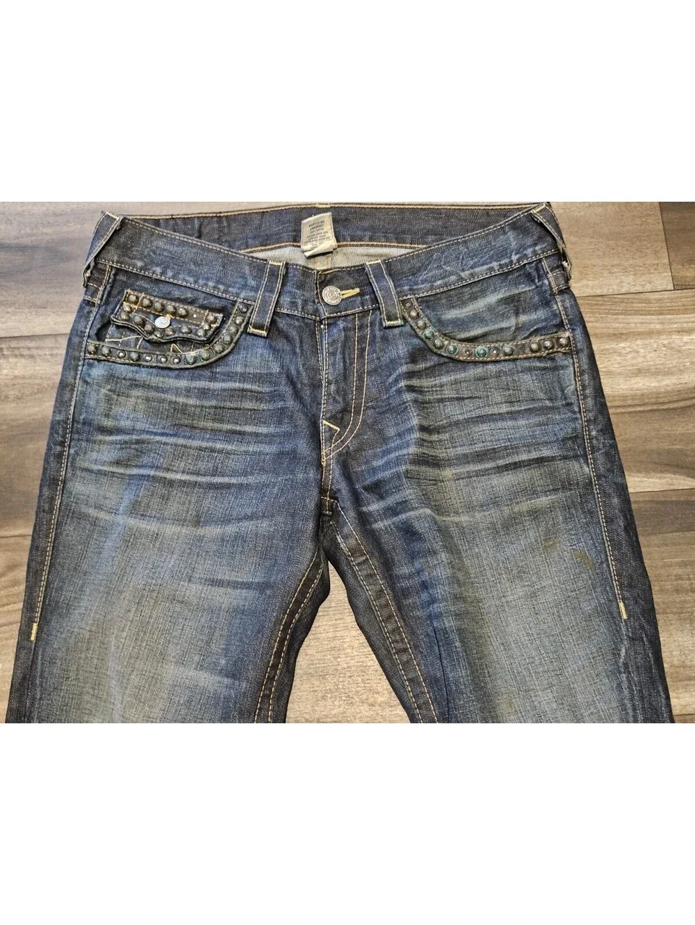 USA True Religion Joey Studded Mens 31x30 Dark Wash Blue Jeans Thick Stitch